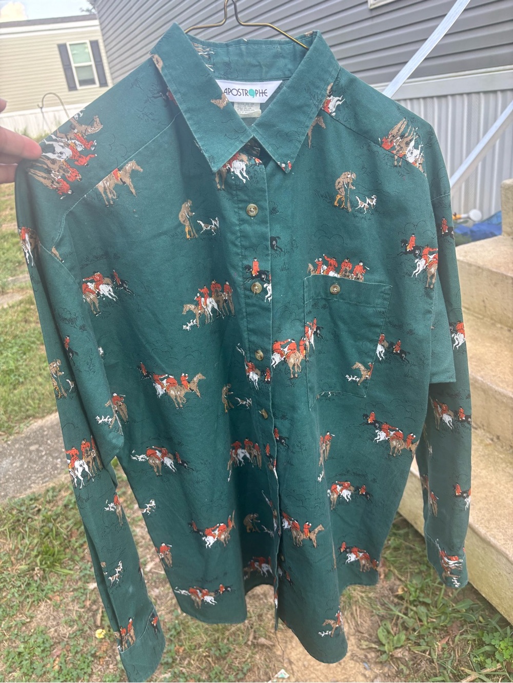 Apostrophe Dark Green Equestrian Print Button-Up Shirt